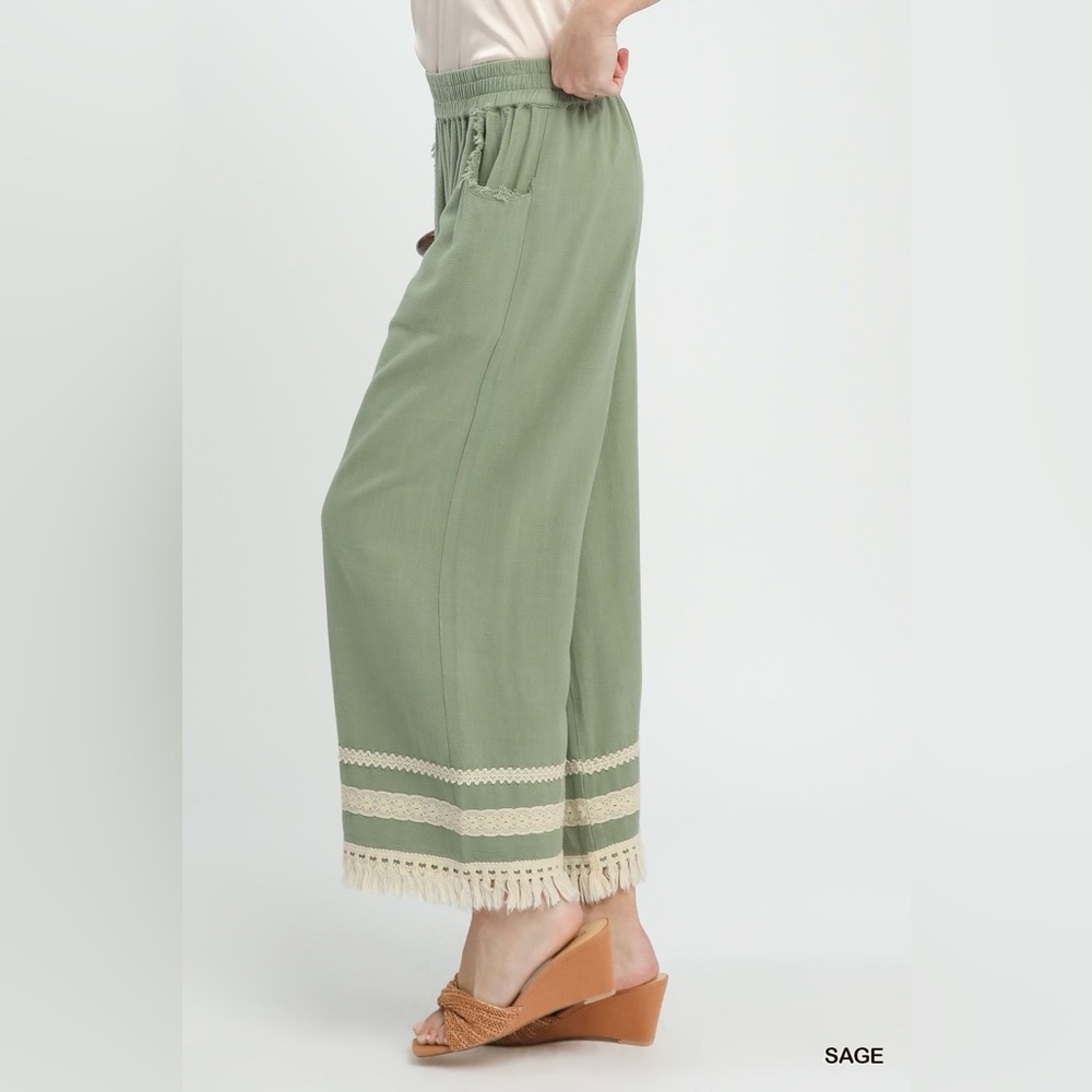 Umgee Lace Trim Fringe Hem Wide Leg Pants - Picture 3 of 6